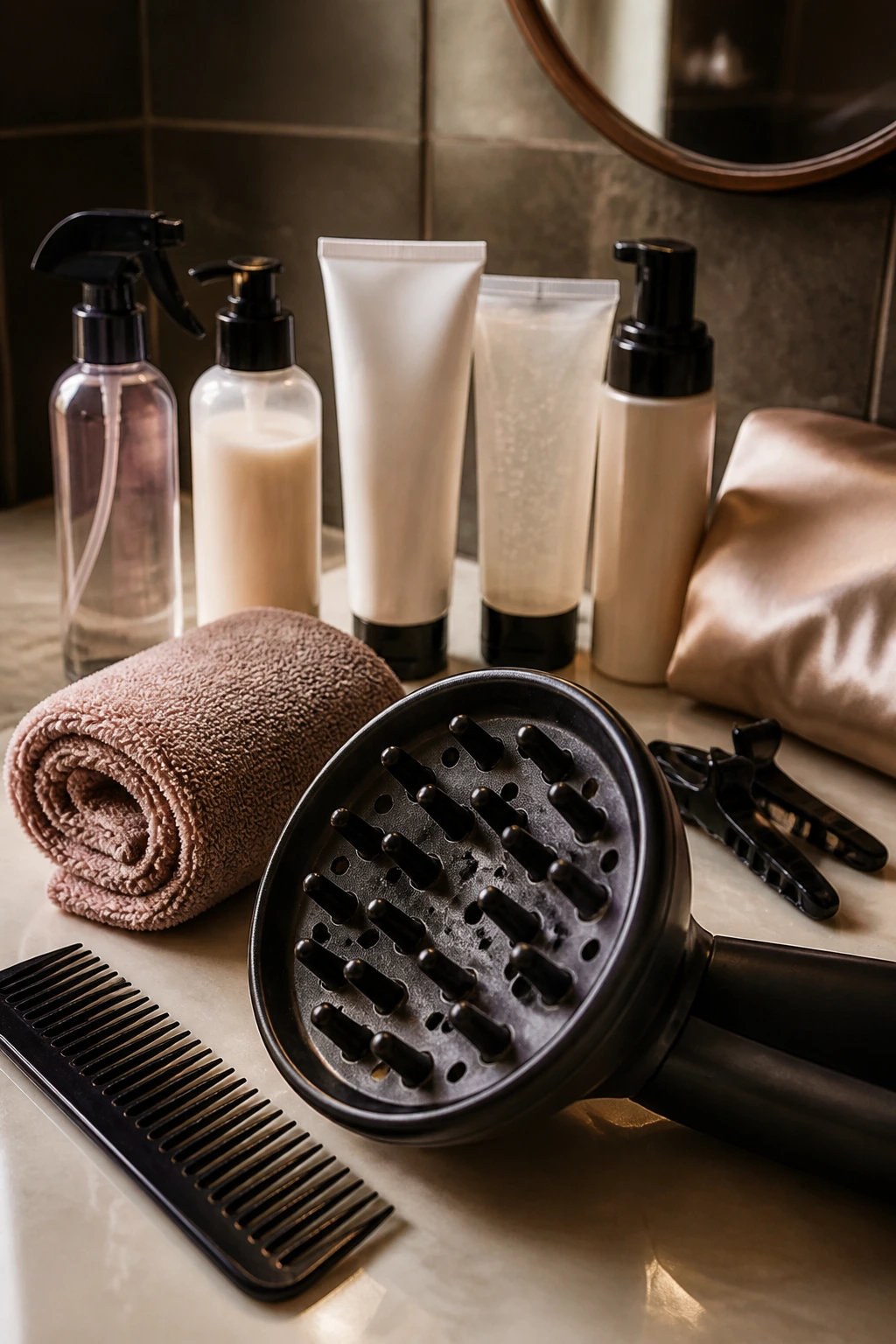 Tools for styling curls arranged on bathroom counter