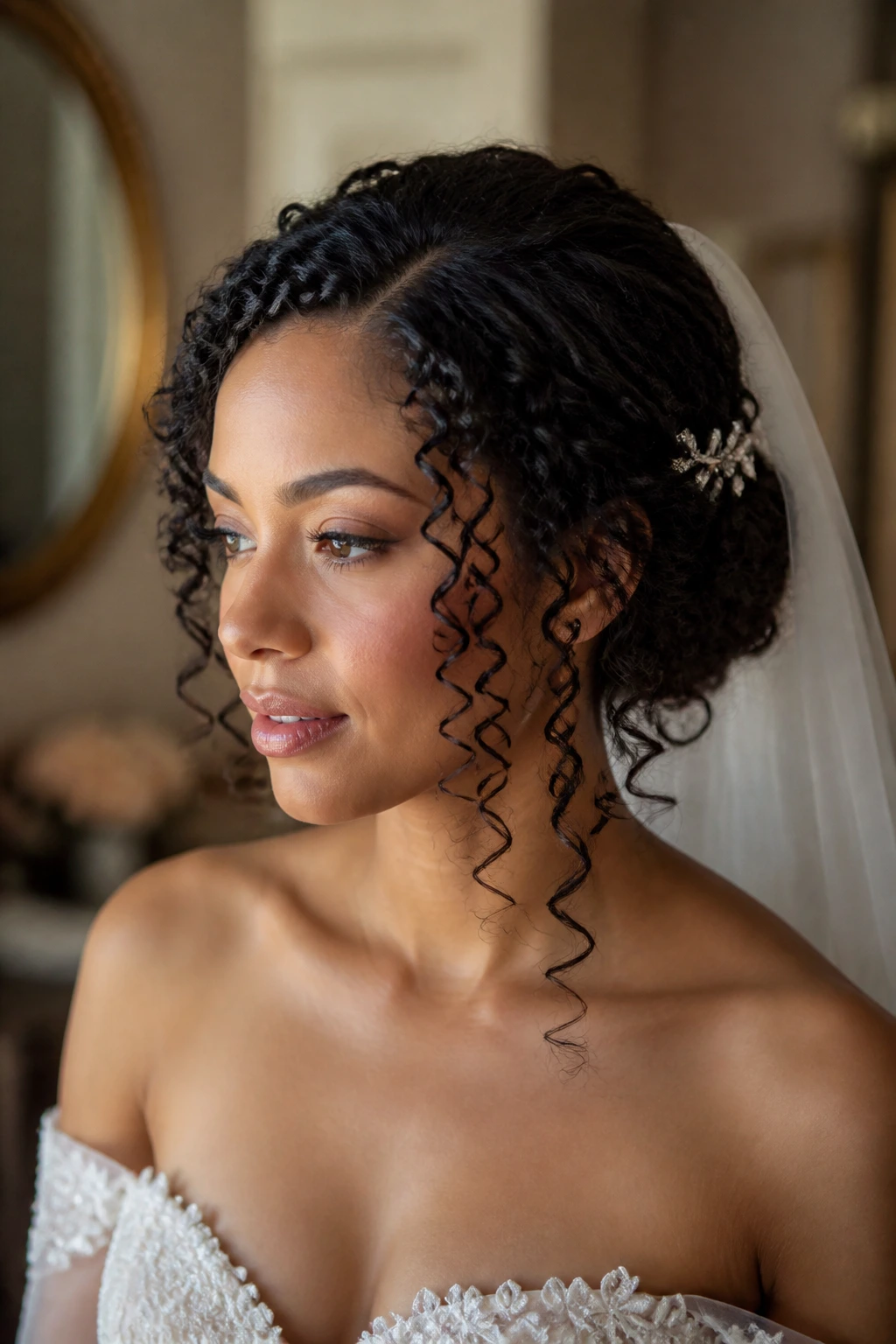 Close-up of a real bride with polished curly hair in a prep room