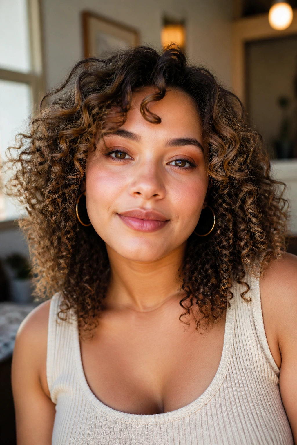 Portrait showing mixed curl textures (waves and coils) in one hairstyle