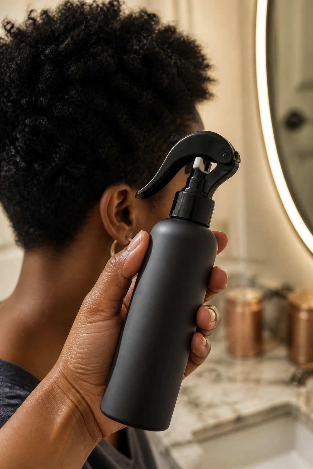 Close-up of a plain spray bottle held by a hand with short curly hair in the background