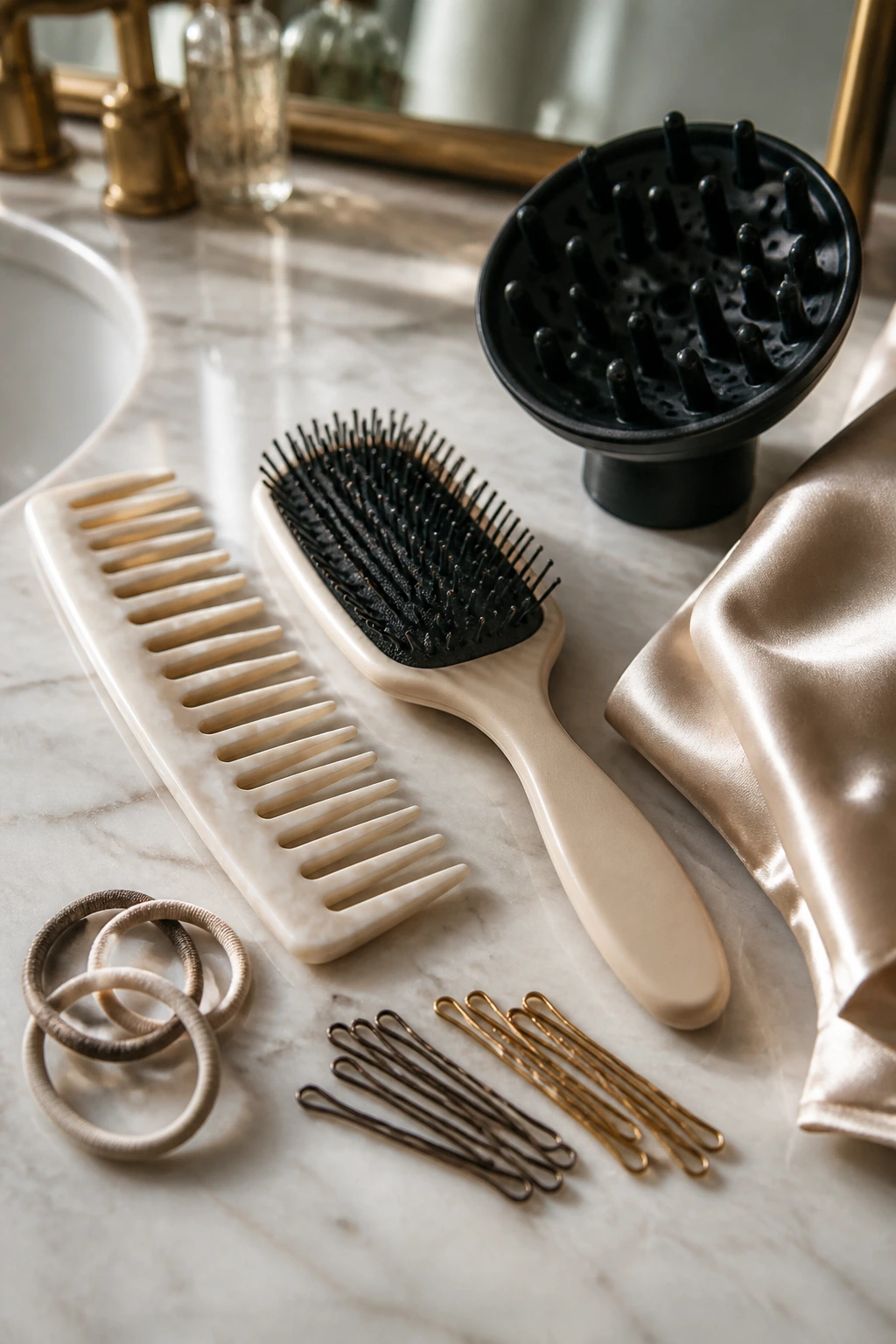 Close-up of curl tools on bathroom counter including wide-tooth comb, detangling brush, non-metal elastics, bobby pins, diffuser, satin pillowcase