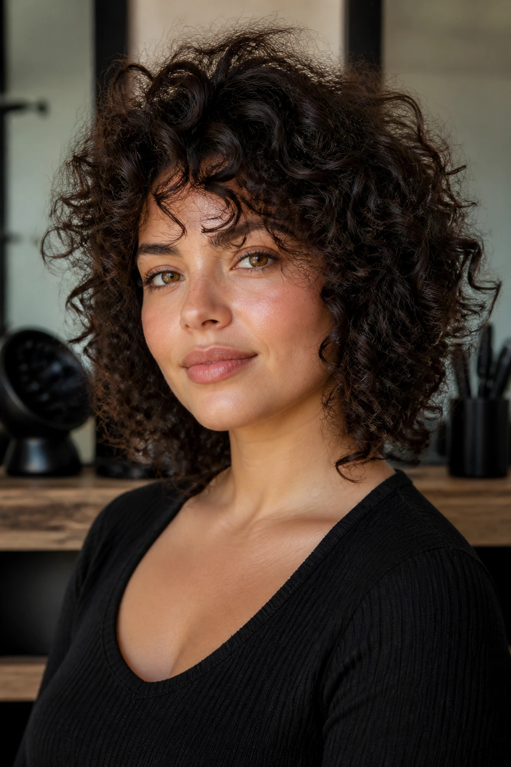Real person with curly hair; tools visible in the blurred background in a salon