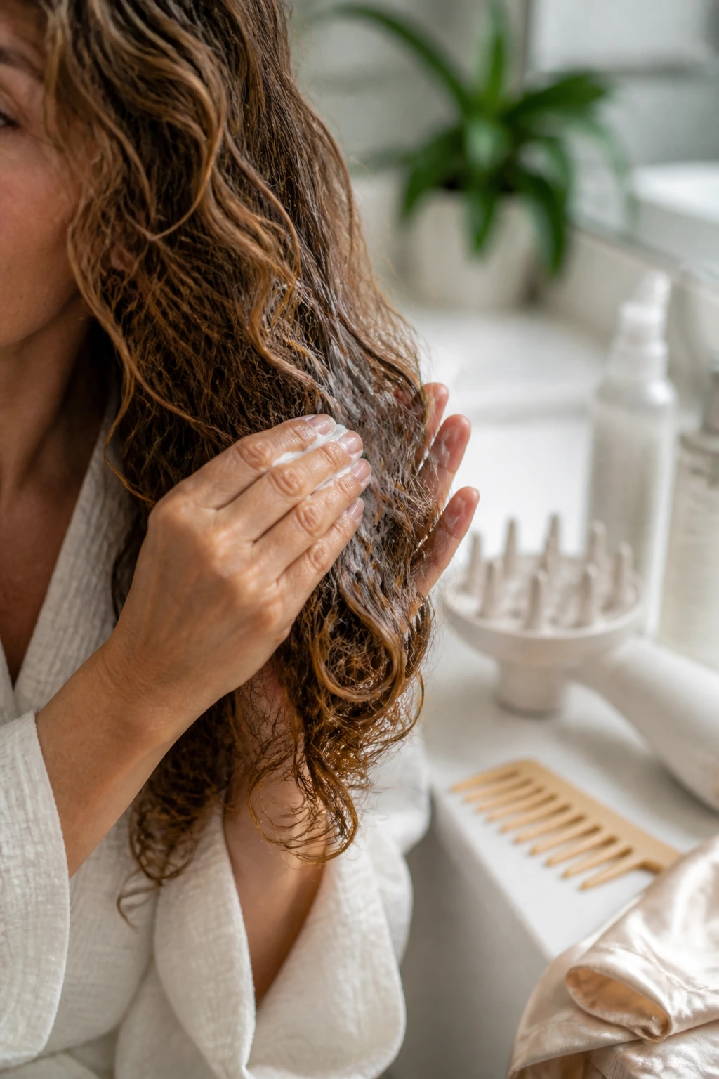 Hands applying curl cream to long curly hair with styling tools nearby