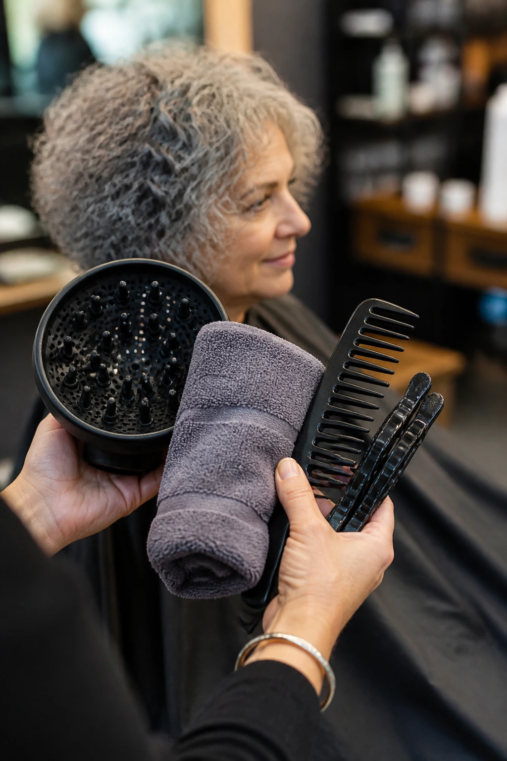 Close-up of curly shag styling tools in a salon setup
