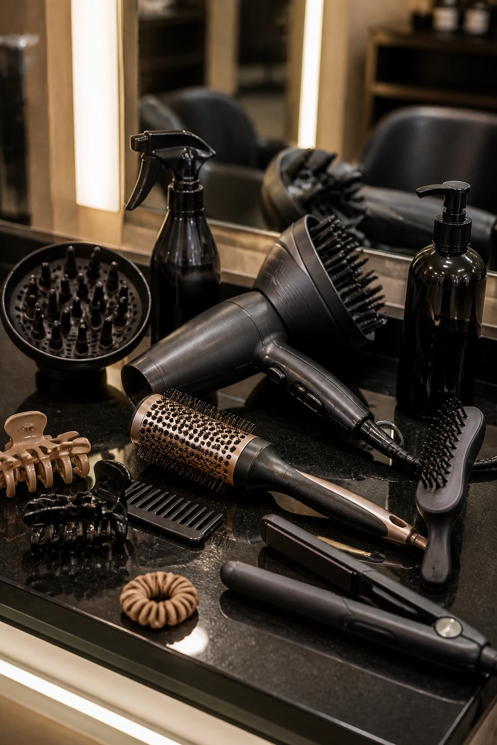 Close-up of curl-styling tools arranged on a clean surface