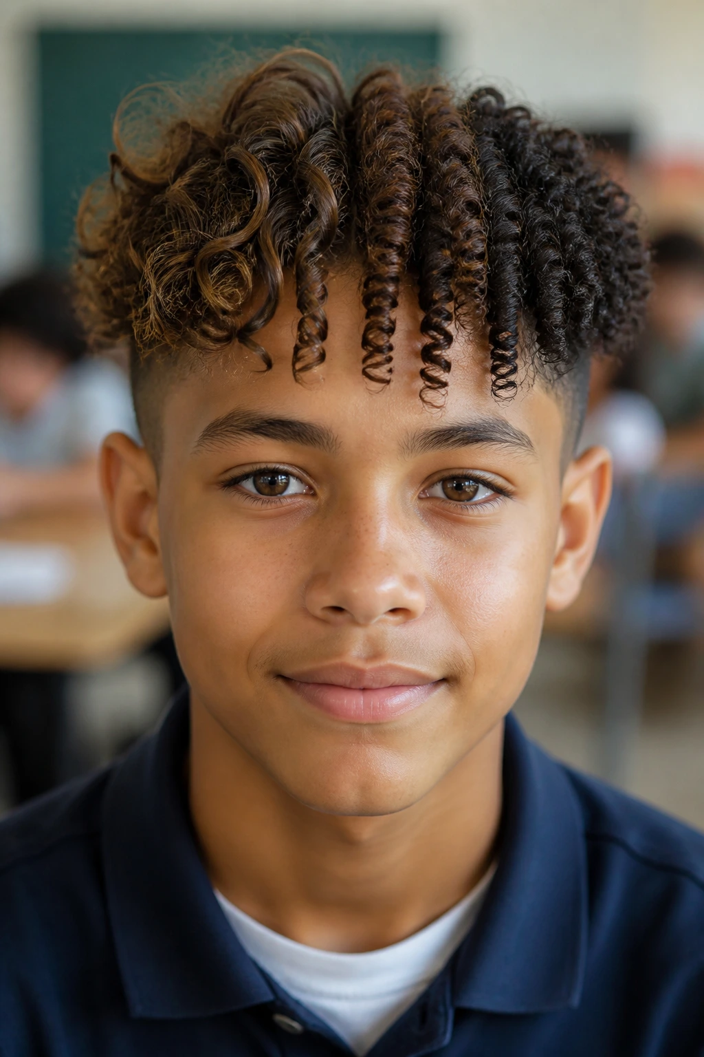 Schoolboy with mixed curl textures in a classroom