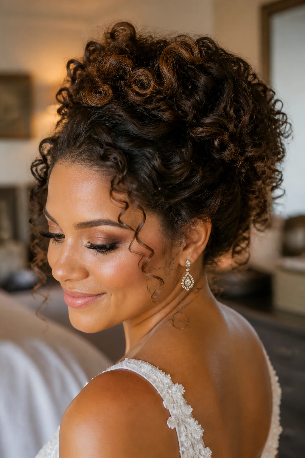 Close-up of real bride with defined curls in an updo and lifted crown