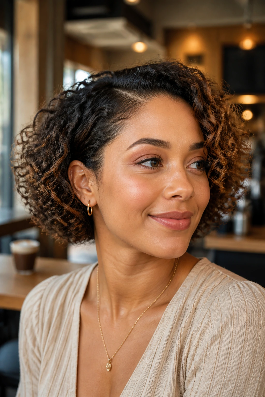 Close-up of a woman with side-part curly bob in a warm cafe setting.