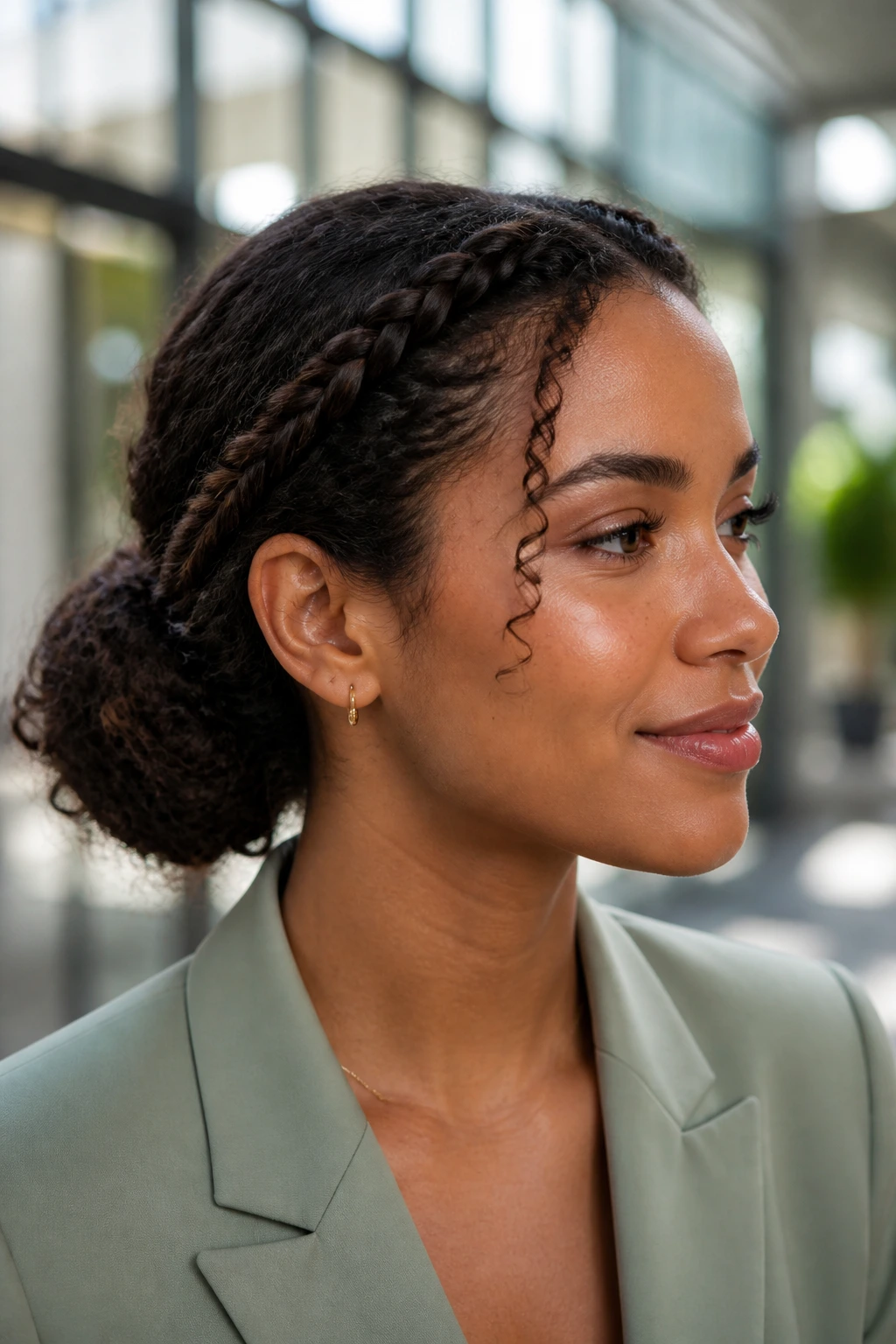 Portrait of woman with side-part, low bun, and front braid accent.