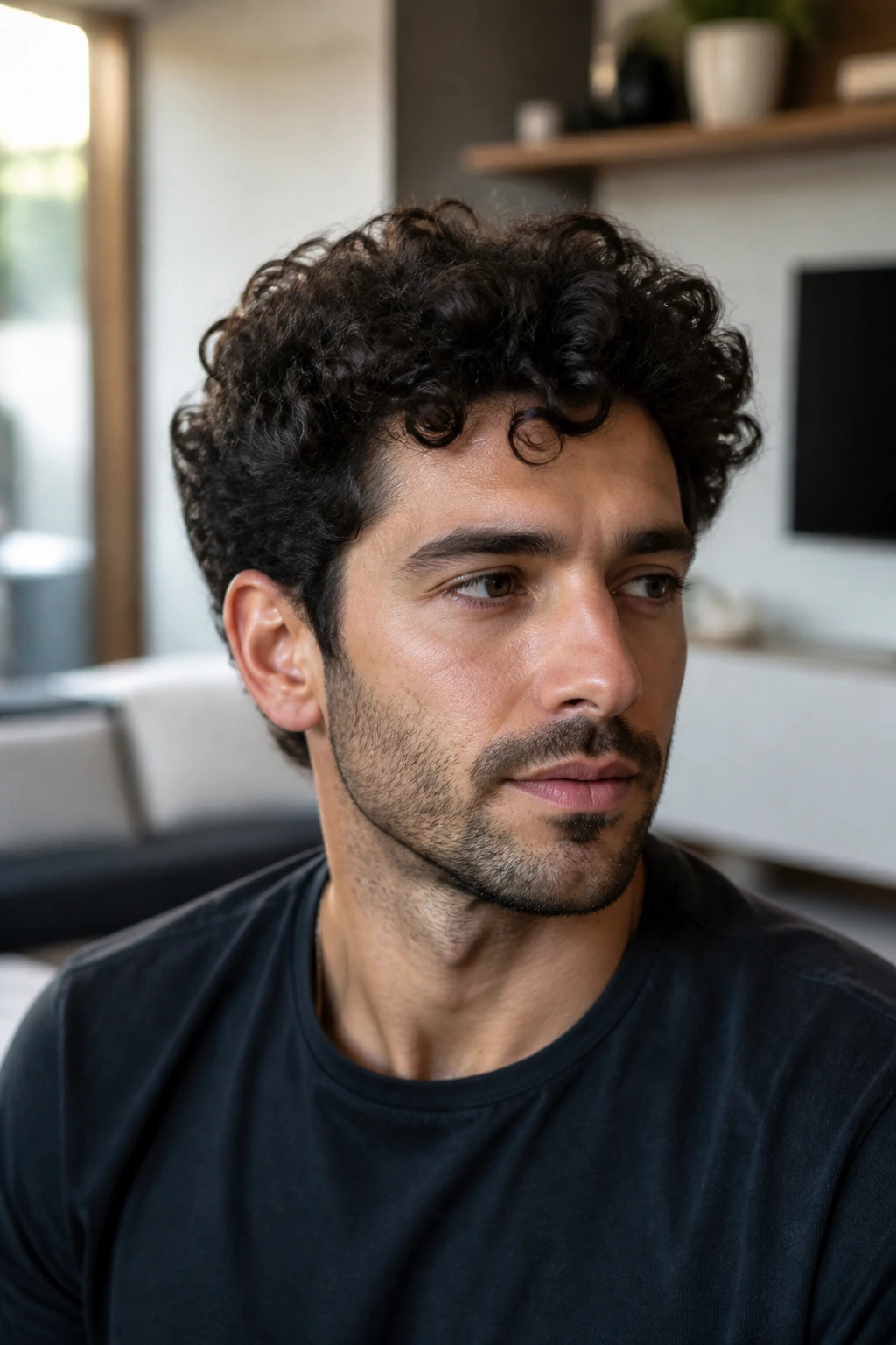 Medium close-up of man with curly hair in living room illustrating variations for different goals
