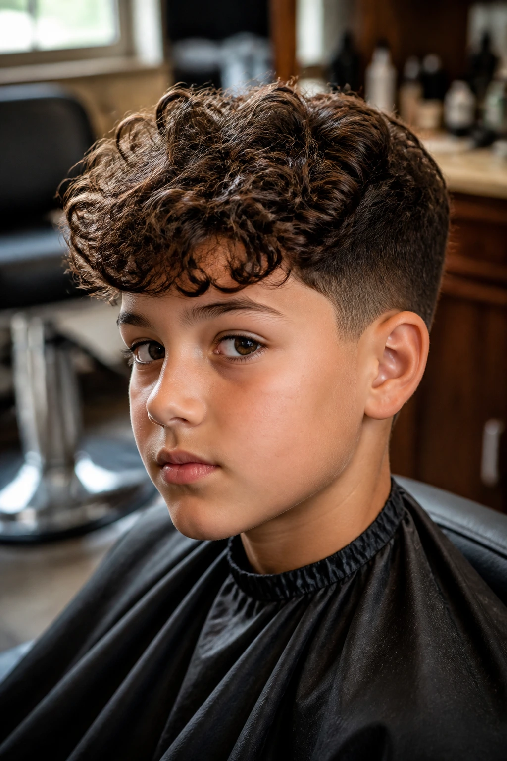 Boy with layered curls and tapered sides showing variation