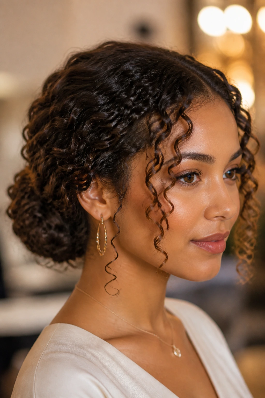 Close-up of a thick curly hairstyle in a low bun with visible texture