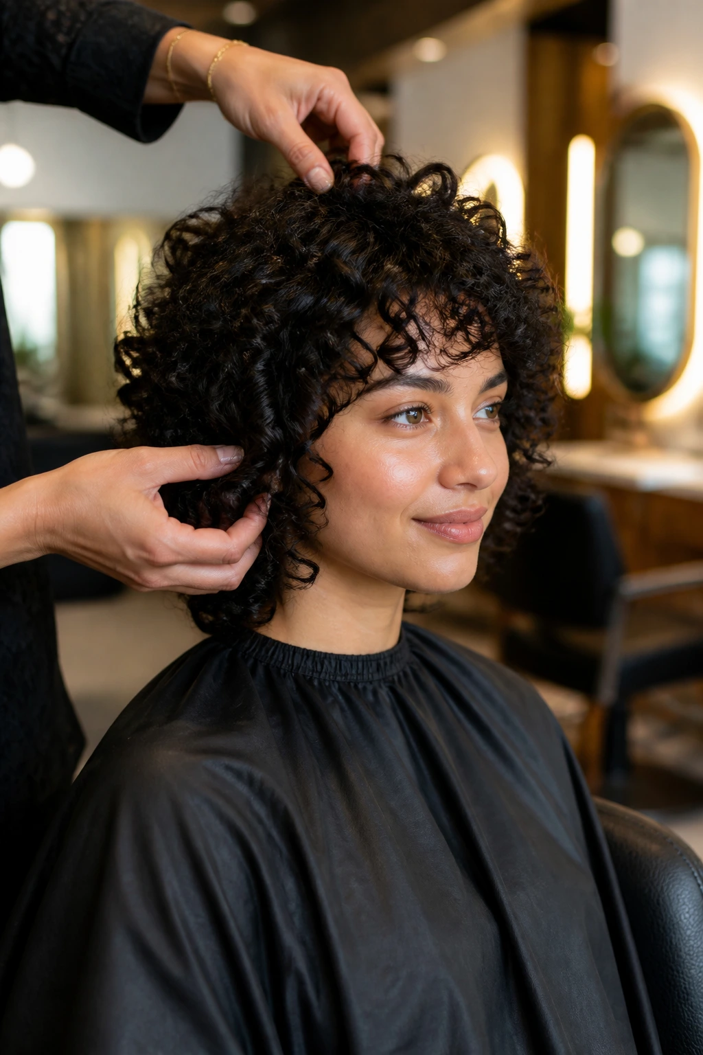 Salon close-up of a real person with curls being assessed for weight and placement