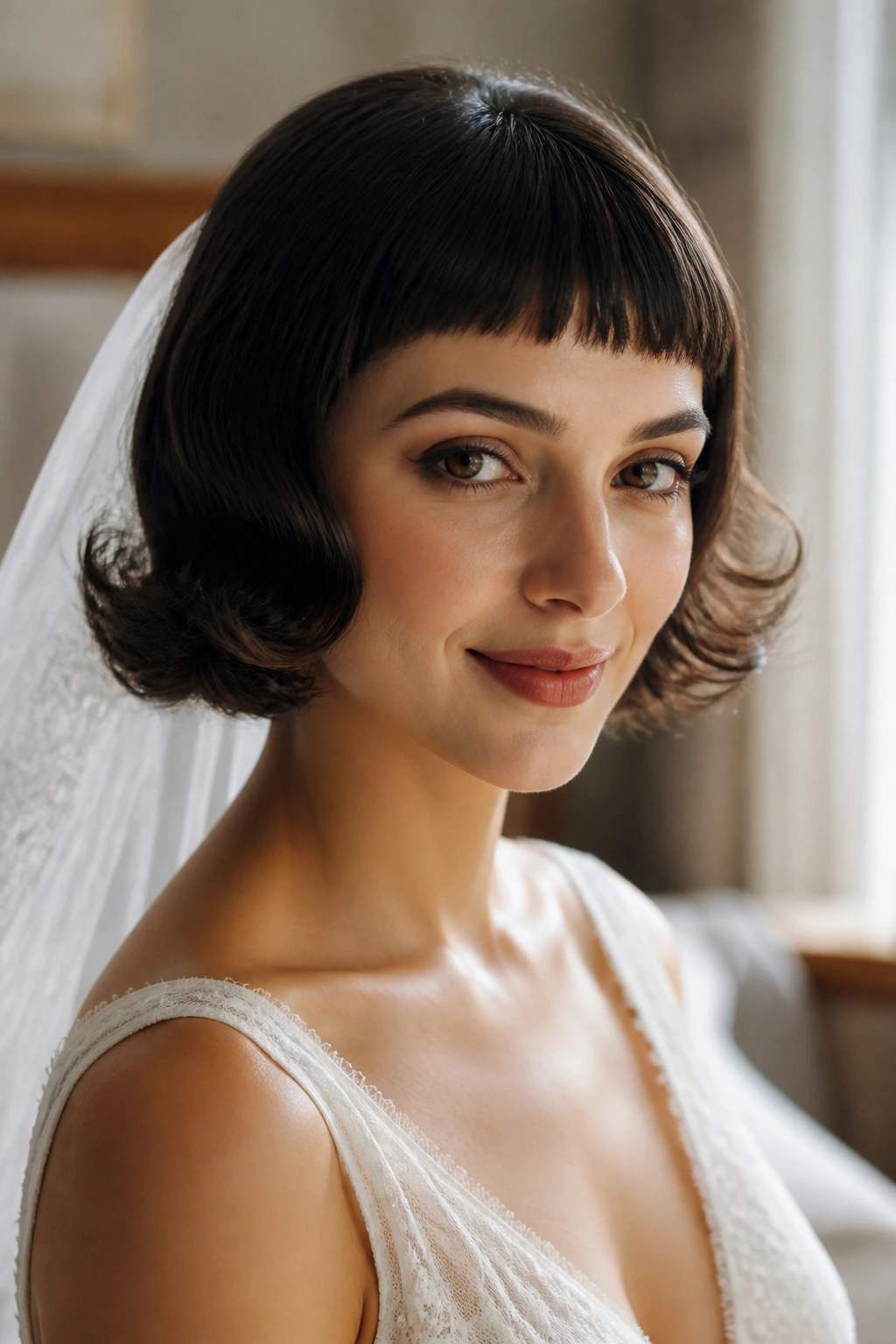 Close-up of a real bride with Curled Bob and Baby Bangs