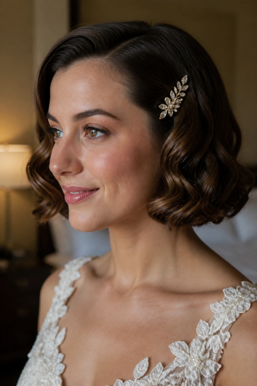 Close-up of real bride with curled bob and side barrette