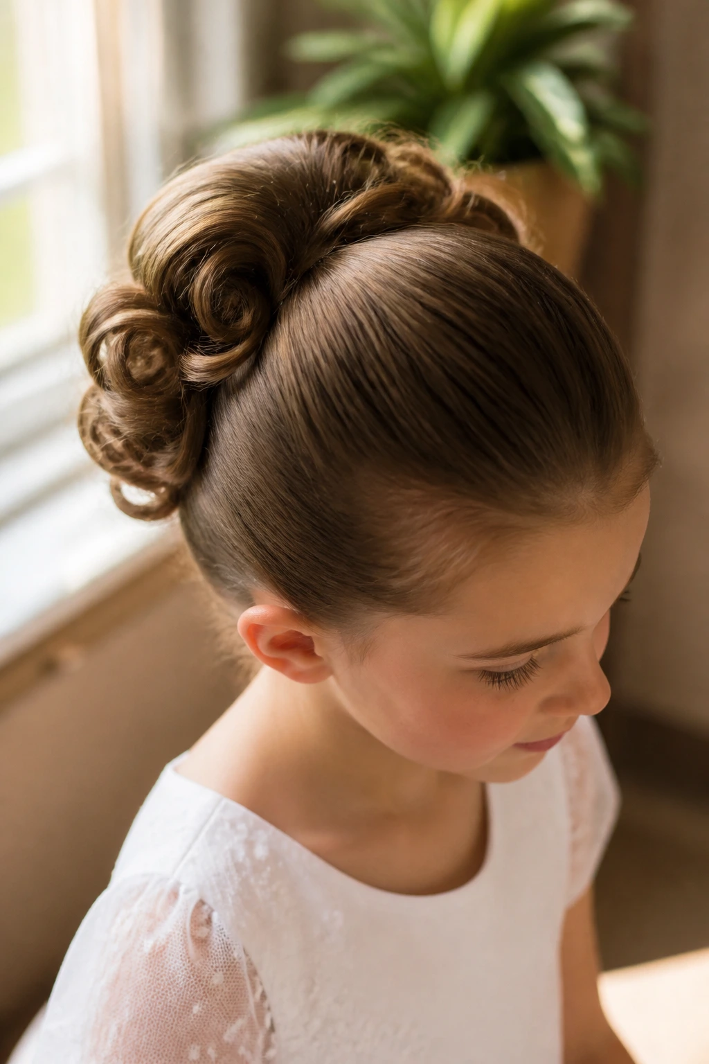 Close-up of girl with curled donut bun around the edges
