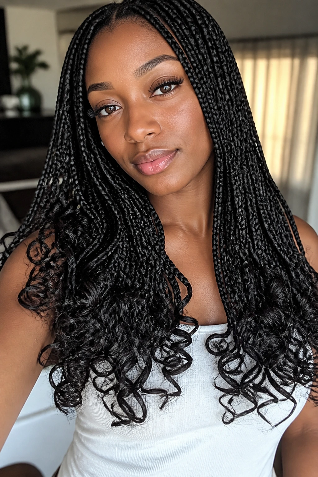 Close-up of a real woman with curled ends on box braids