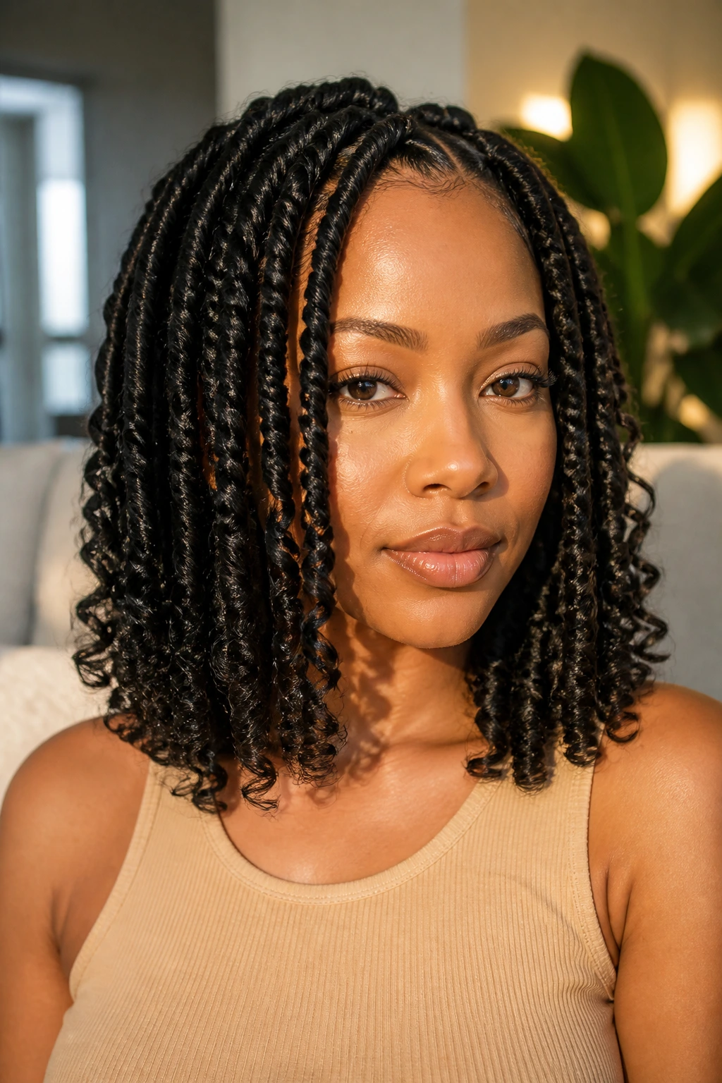 Close-up portrait of a real person with curled-end Havana twists in a sunlit living room