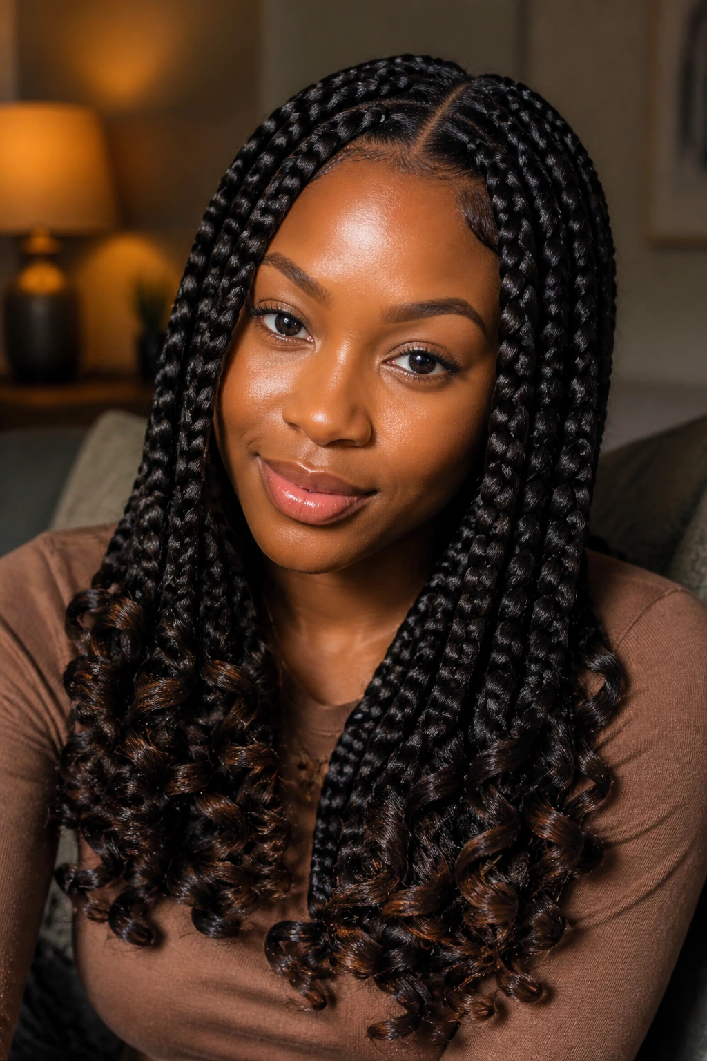 Real woman with curled-end jumbo box braids