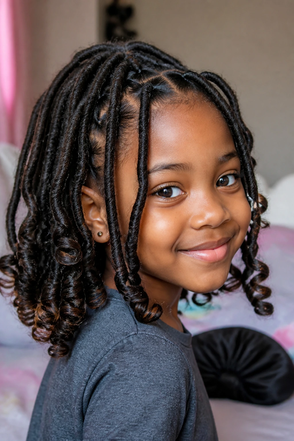 Close-up of a real child with curled ends created by flexi-rods