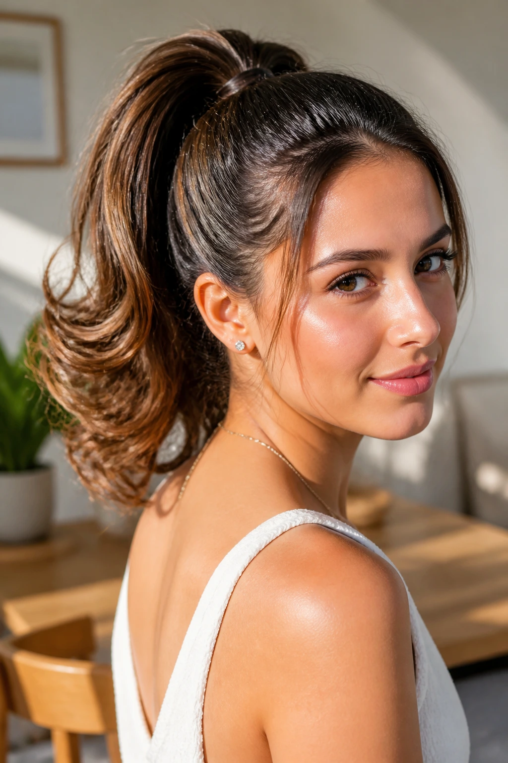 Close-up of a real woman with a high ponytail and curled ends