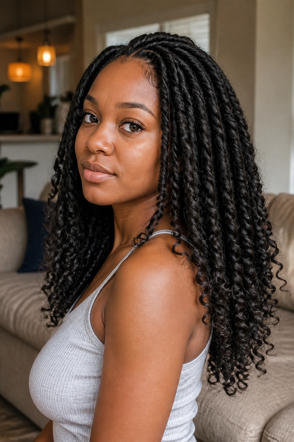 Close-up portrait of a real Black woman with Marley twists and curled ends.