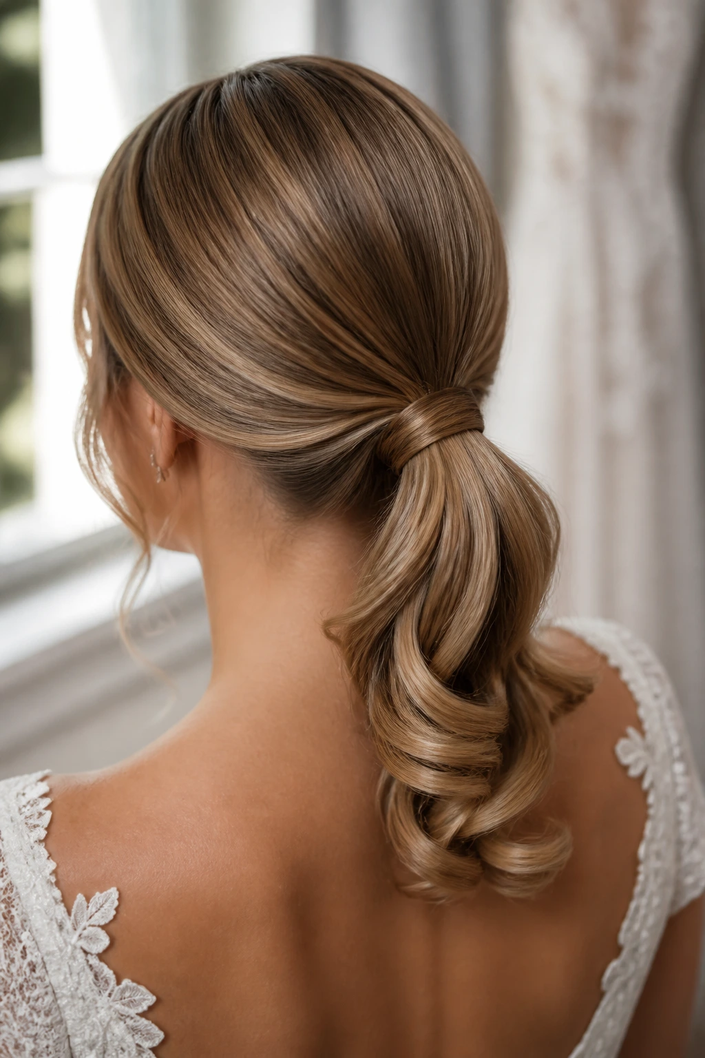 Real woman with curled-ends low ponytail viewed from behind