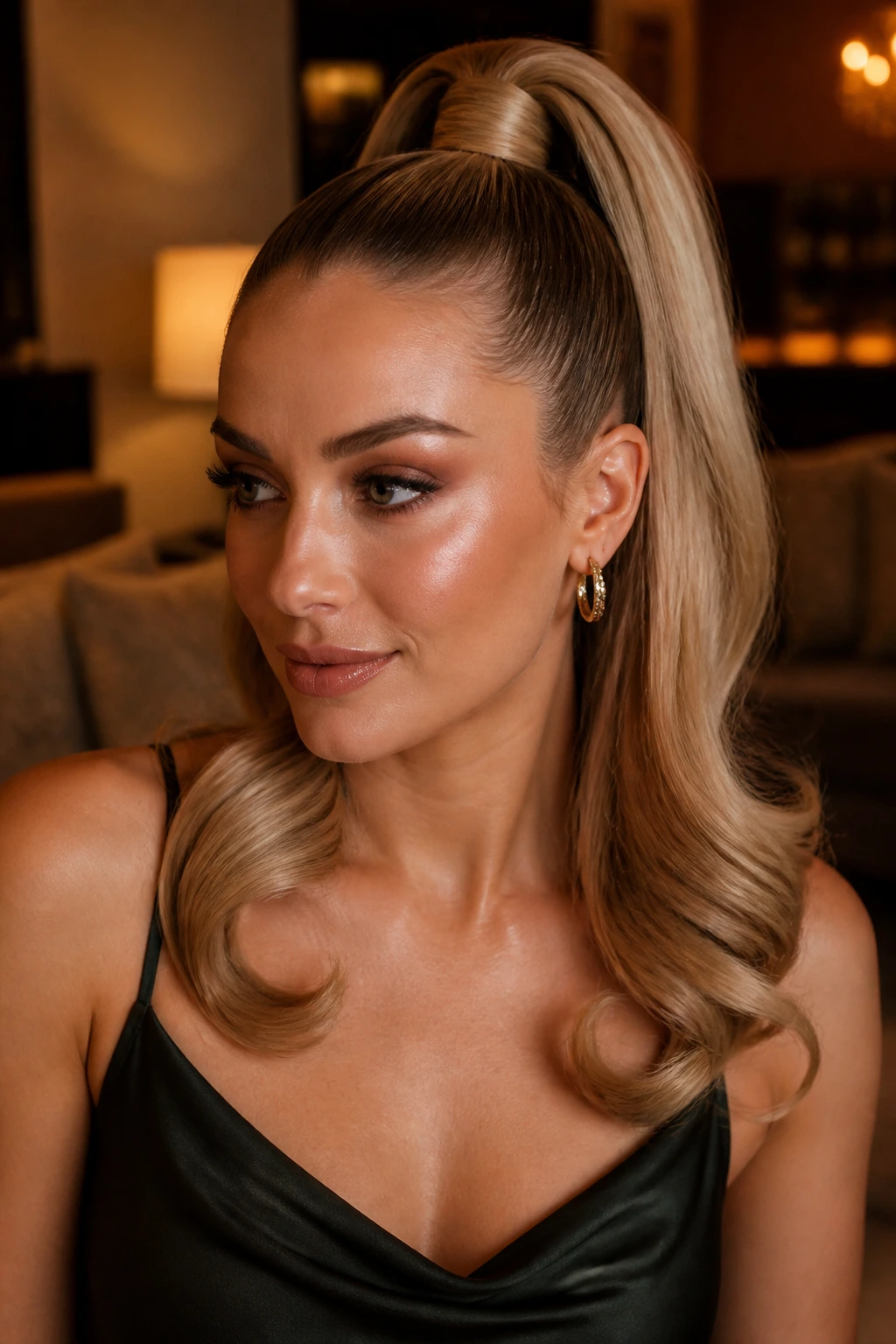 Portrait of a real woman with curled-ends soft glam ponytail