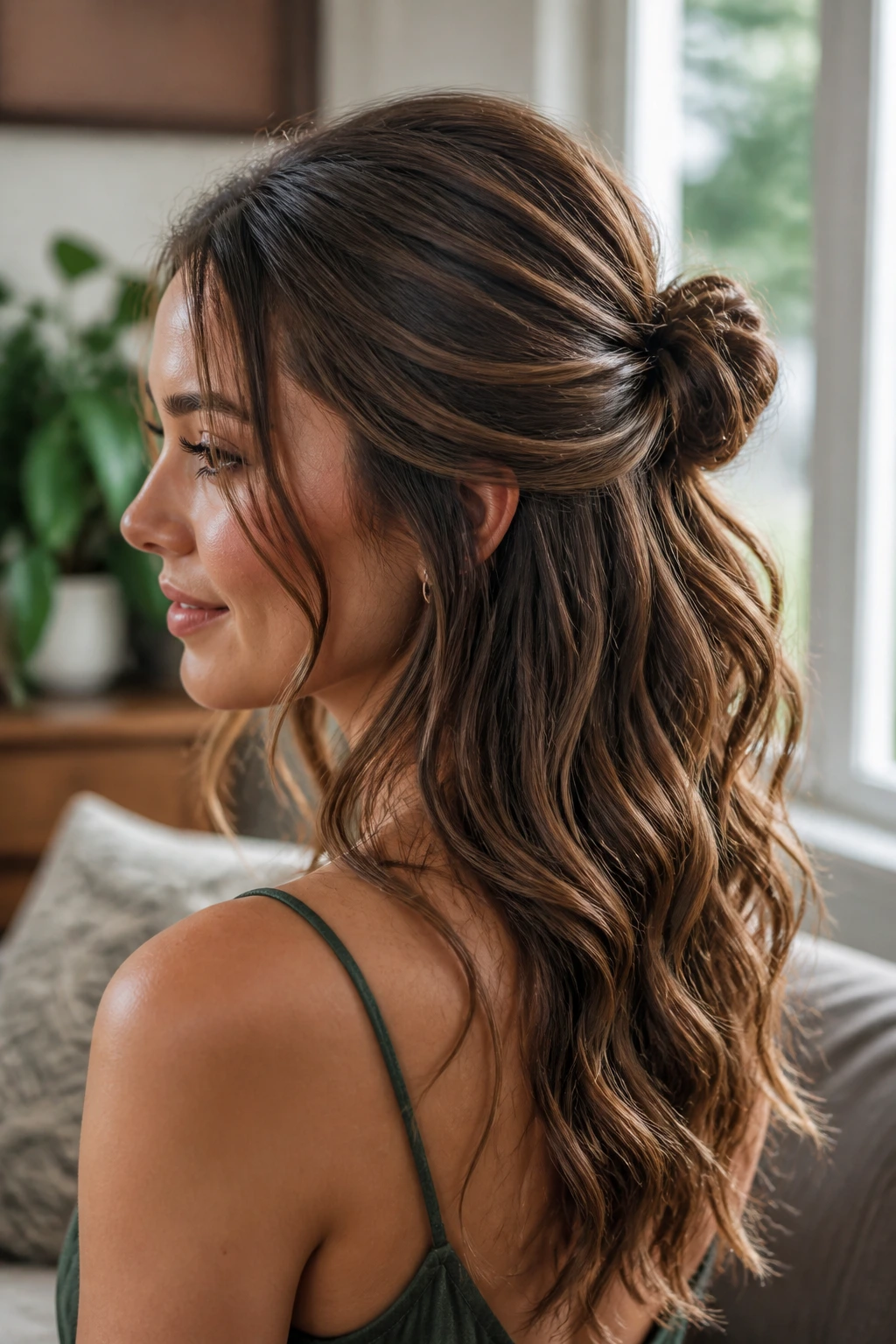 Close-up portrait of a woman with curled hair in a half-up knot