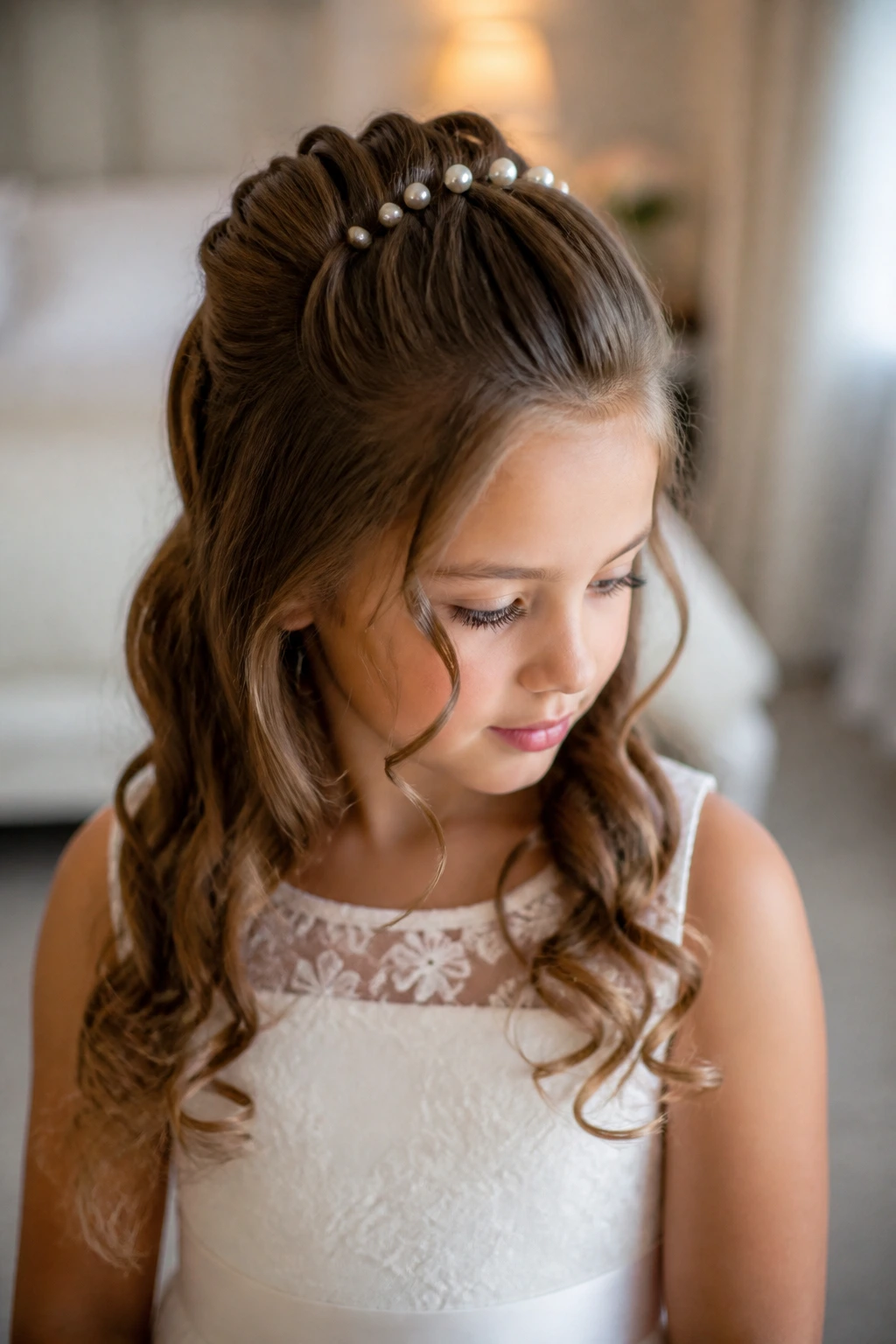 Close-up of a child with pearl pins in a curled half-up hairstyle