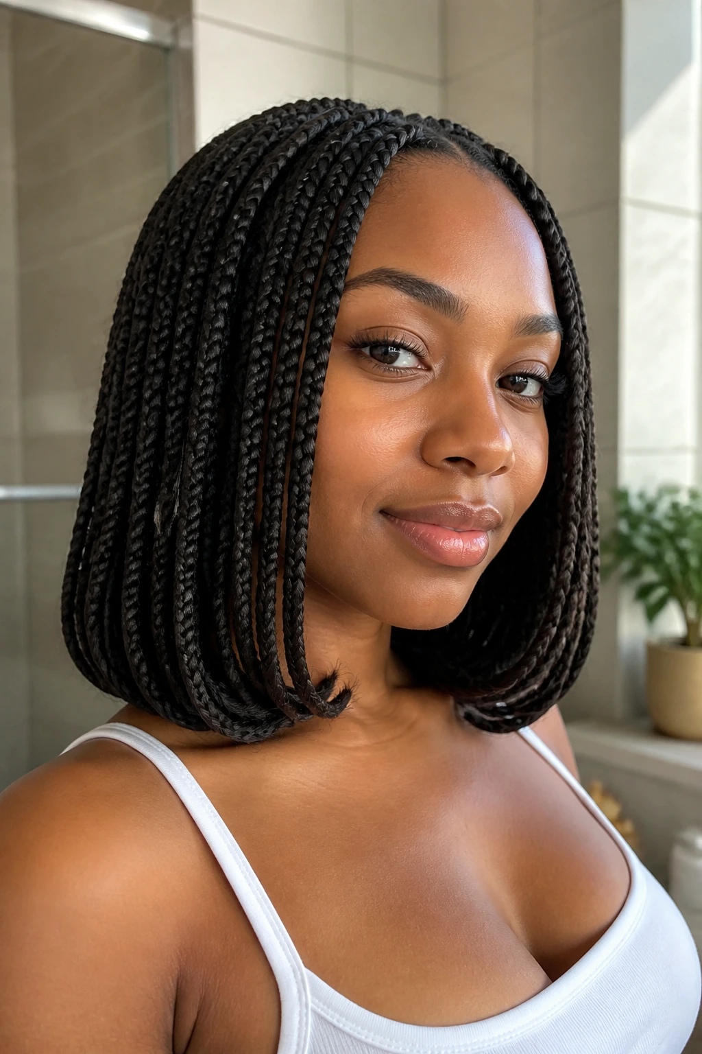 Real woman with curled-in ends box braids.
