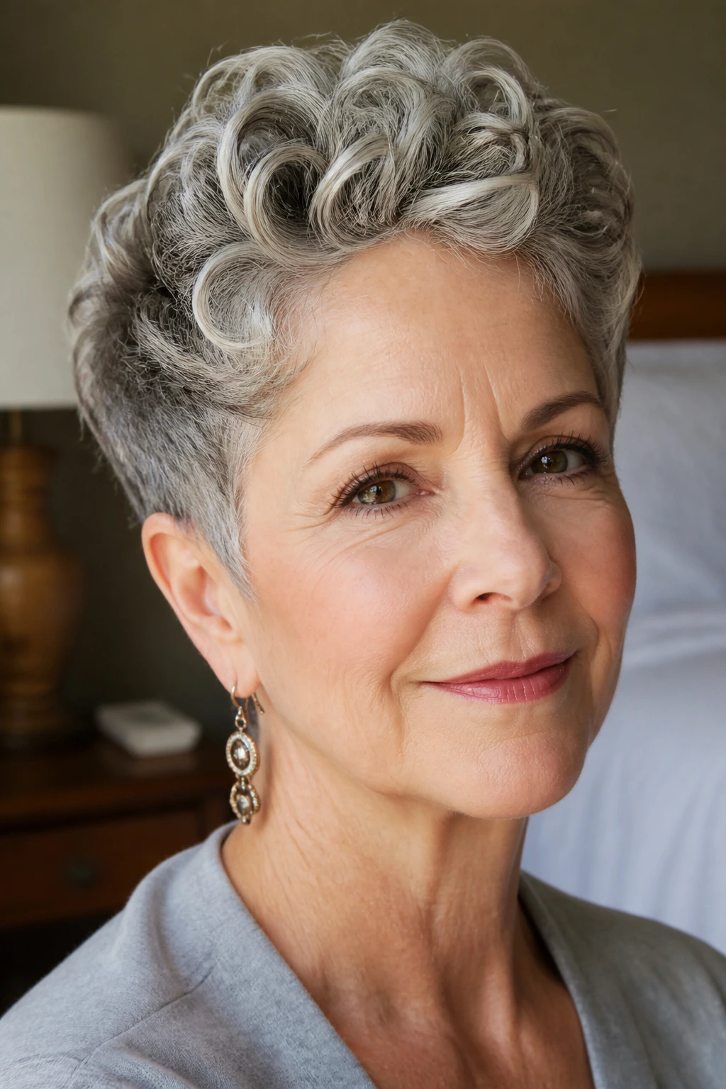 Close-up portrait of a real woman wearing Curled Pixie With Front Volume in warm window light
