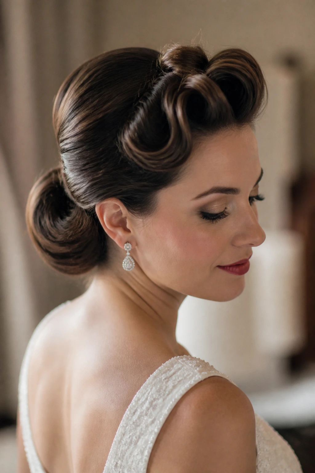 Bride with curled pompadour into a low bun