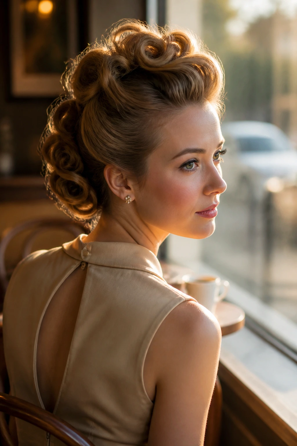 Three-quarter profile of a real woman with curled pompadour updo