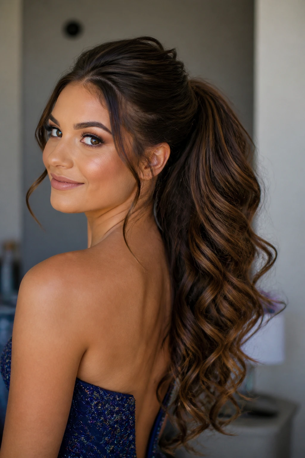 Close-up of a real woman with curled ponytail and hidden extensions