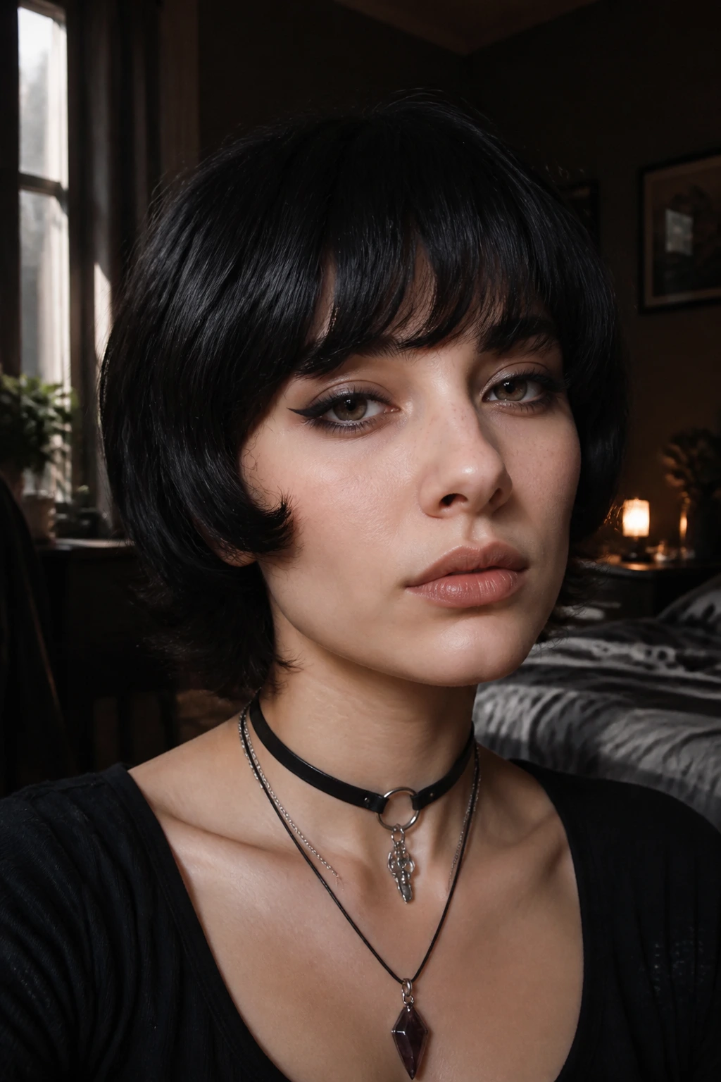 Close-up of a real woman with curled-under bangs on short dark hair in moody window light