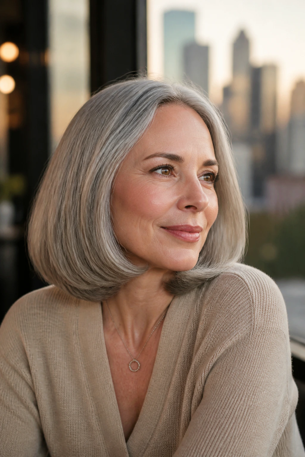 Close-up of a real woman with curled-under vintage gray lob