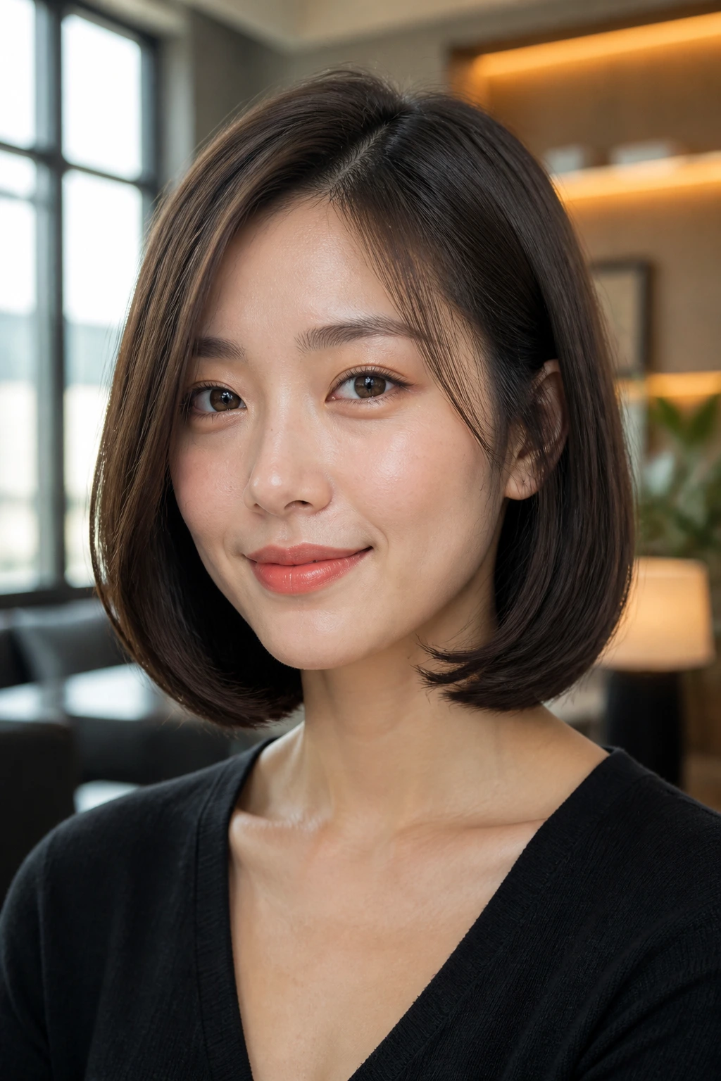 Portrait of a woman with a curled-under lob, ends curled under toward the neck.