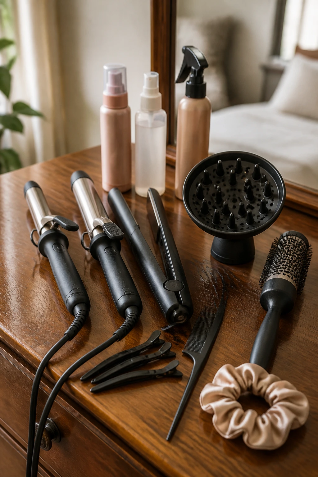 Close-up of essential hair styling tools arranged on a wooden desk for wavy hairstyles