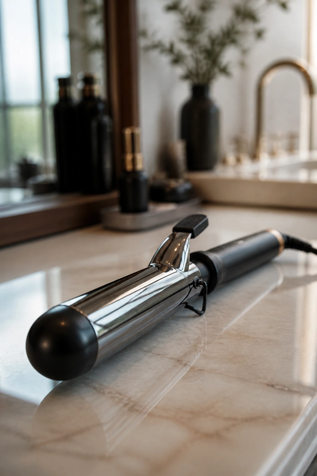 Close-up of a curling iron on a bathroom counter.