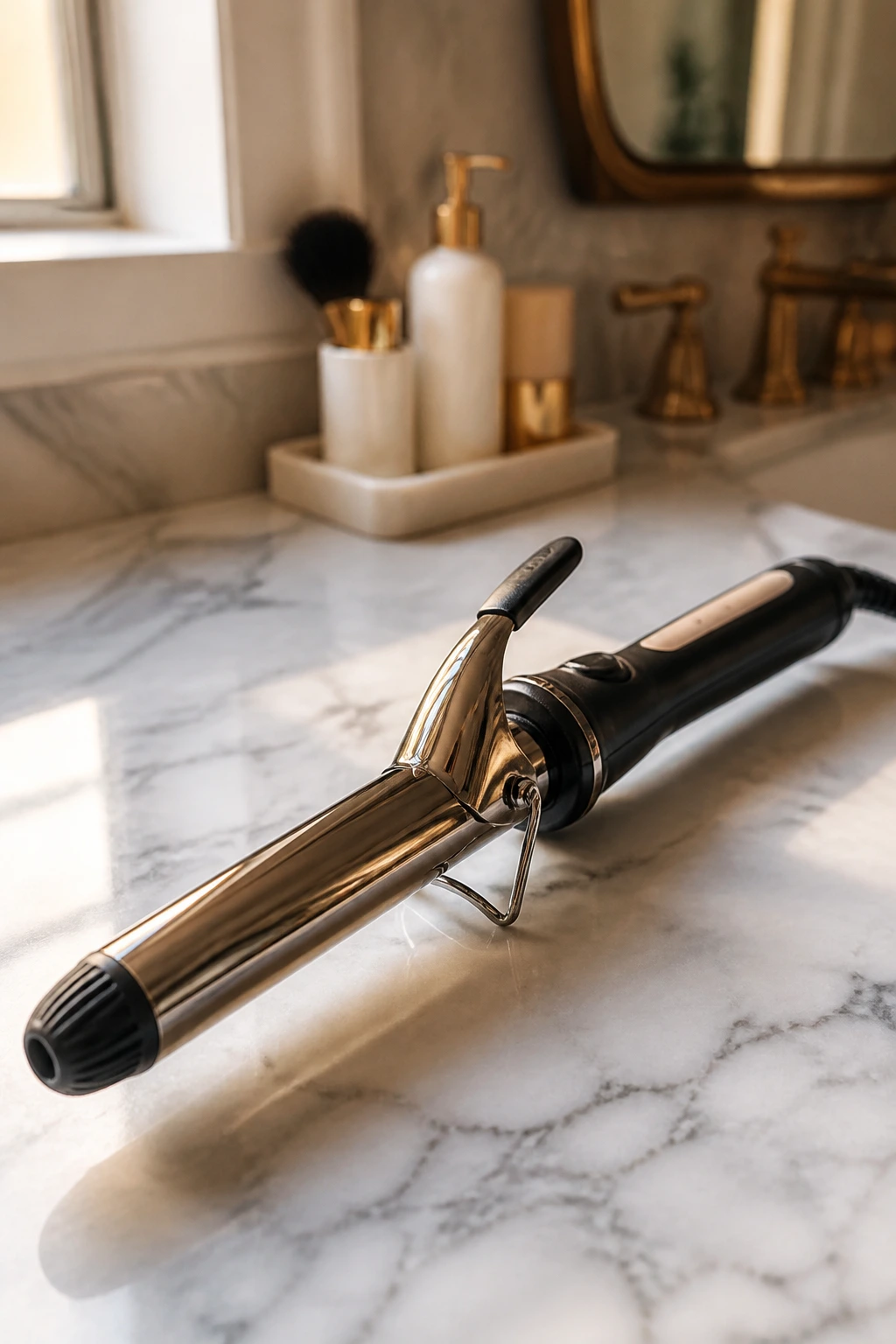 Close-up of a 1-inch curling iron on a bathroom counter, essential hair styling equipment