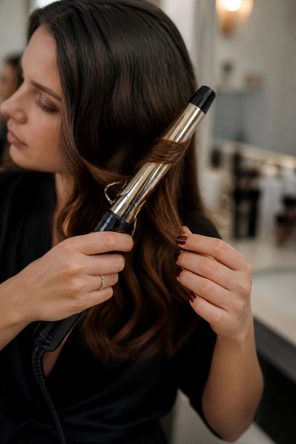 Close-up of hands using a curling iron to create vintage waves.