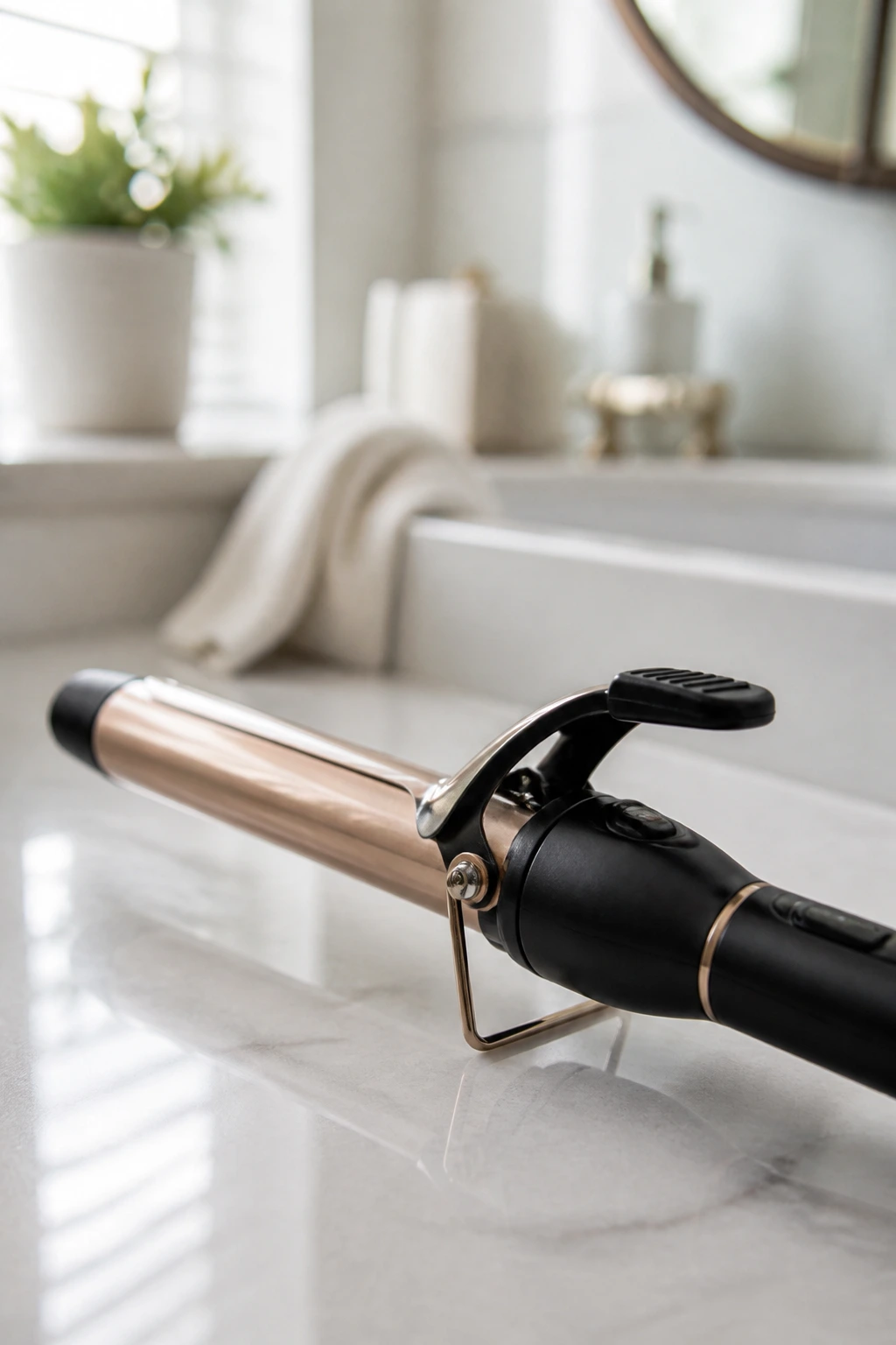 Close-up of a one-inch curling iron on a bathroom counter