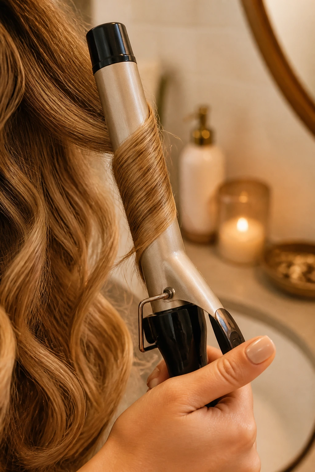 Hand holding curling iron over hair for lob styling