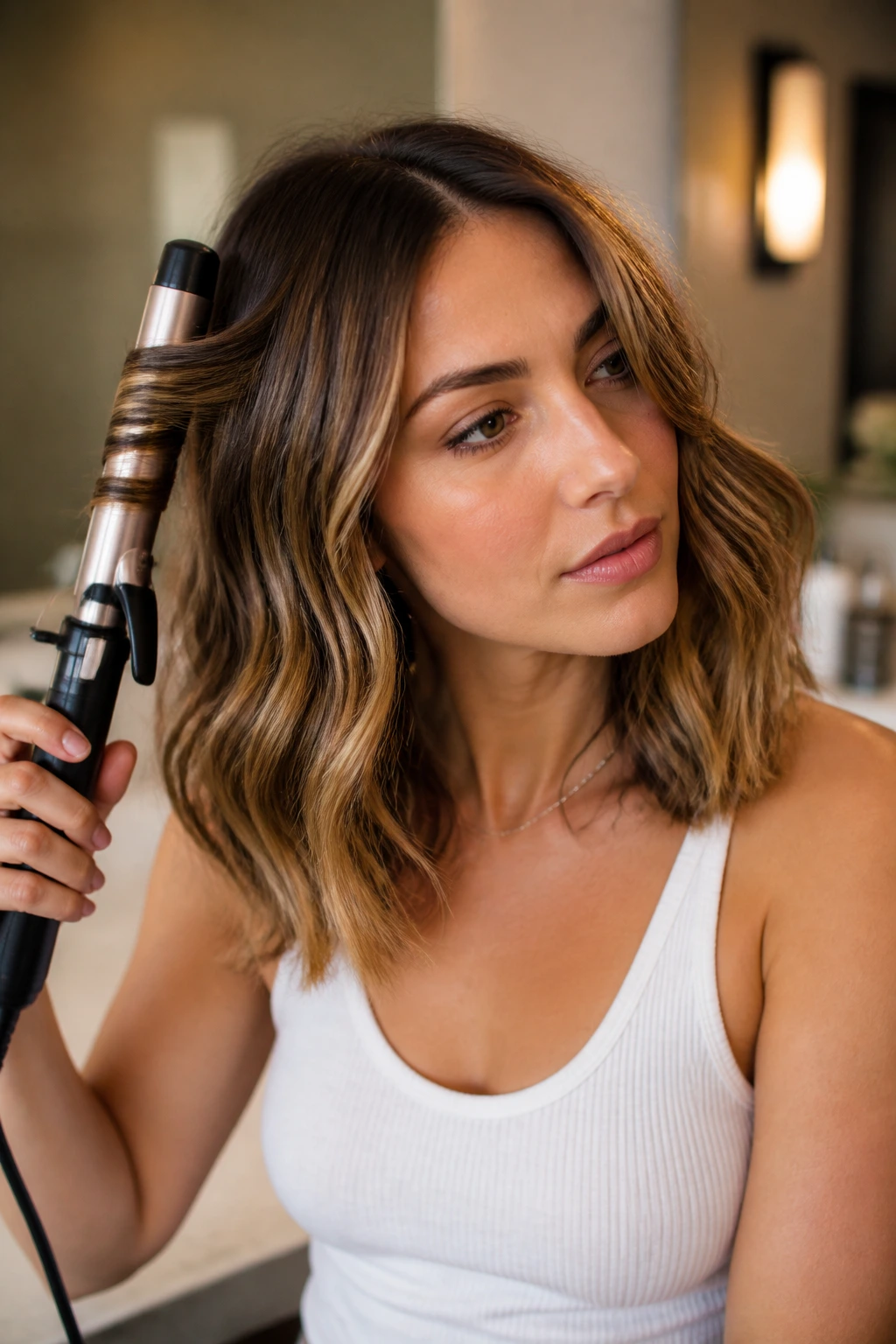 Person styling hair with curling iron in bathroom to keep color looking intentional.
