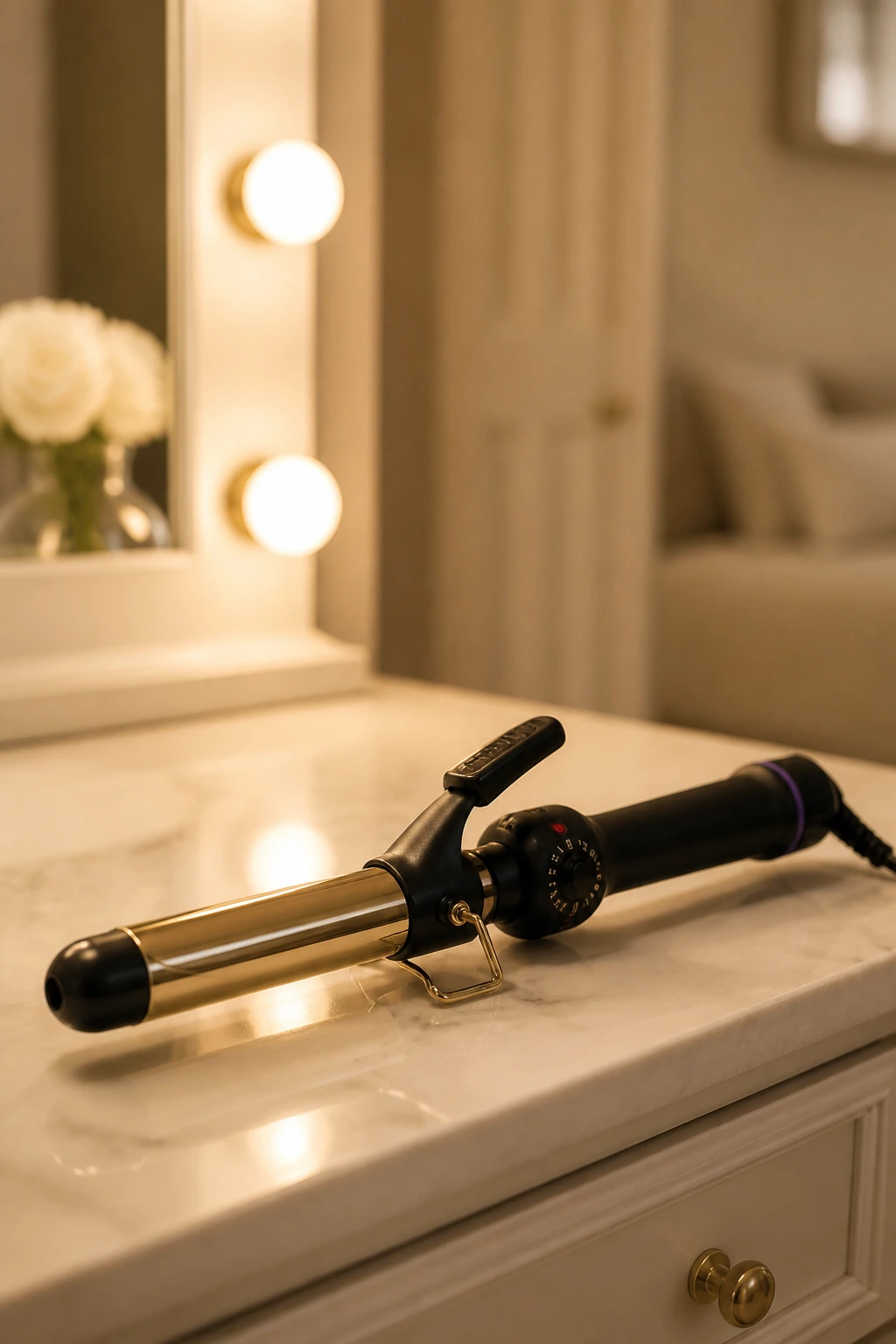 Curling iron on a vanity used for bridesmaid hair.