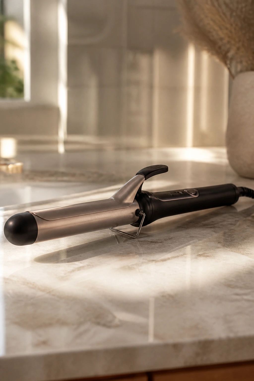 Close-up of a curling iron on a clean bathroom counter