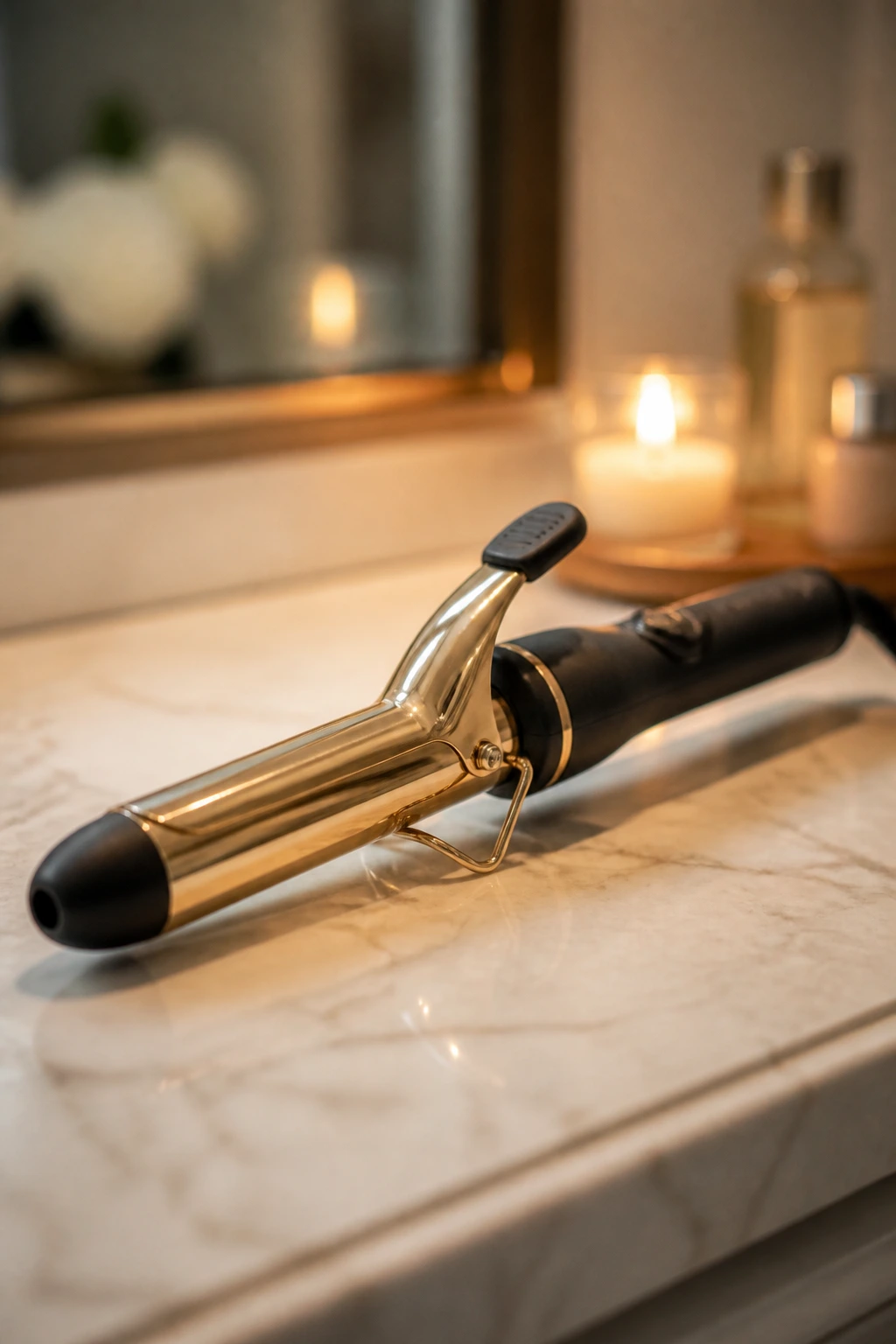 Close-up of a curling iron on a bathroom counter ready to shape hair.