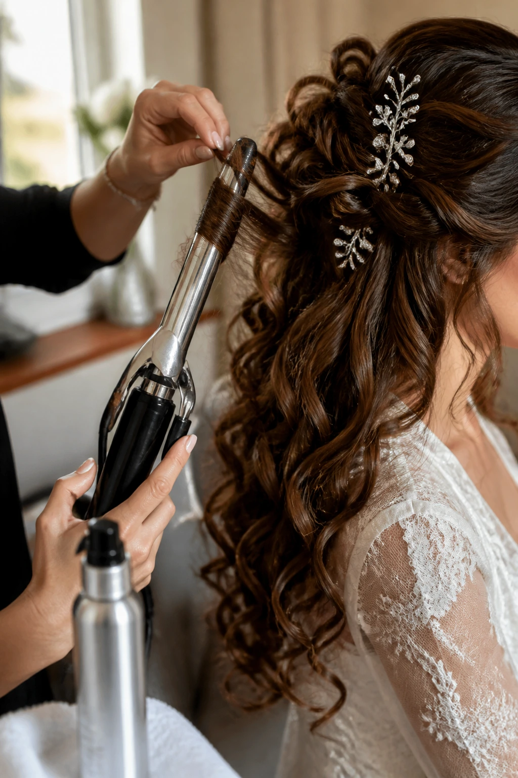Hairstylist curling a bride's hair with a curling iron in a bridal suite
