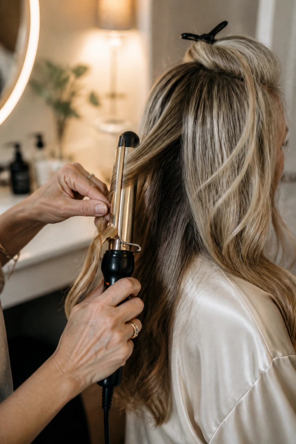 Hands using a curling iron on long hair in a real bathroom setting